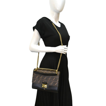 FENDI Kan I FF Logo Embossed Leather Crossbody Bag Brown