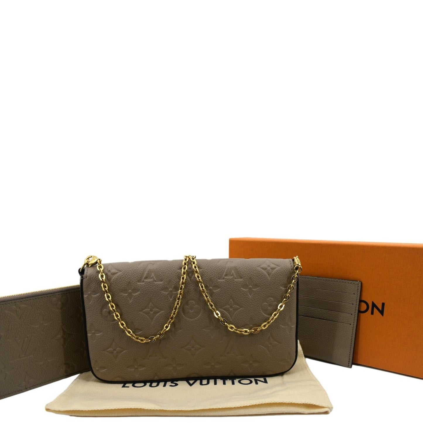 LOUIS VUITTON Pochette Felicie Monogram Empreinte Leather Chain Wallet Tourterelle