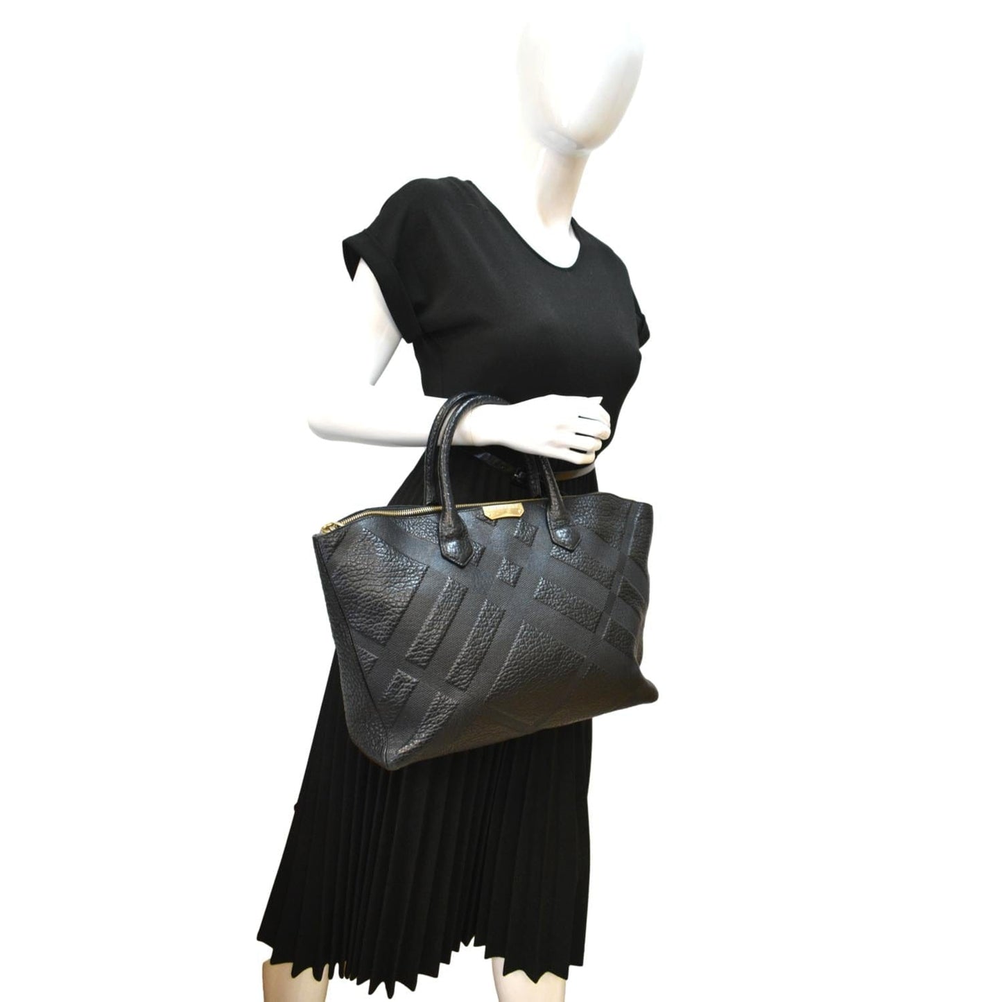 BURBERRY Dewsbury Medium Grain Check Embossed Tote Bag Black