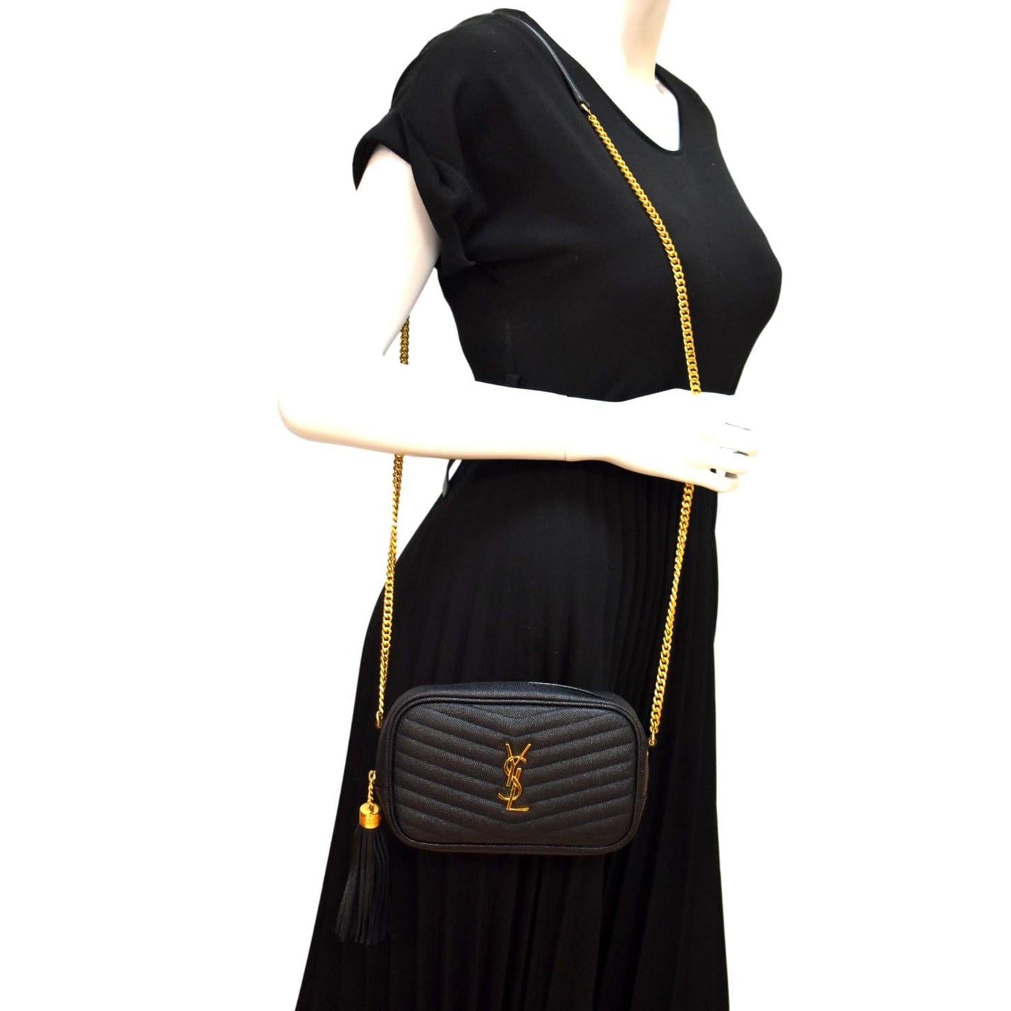 YVES SAINT LAURENT Lou Chevron Leather Camera Crossbody Bag Black