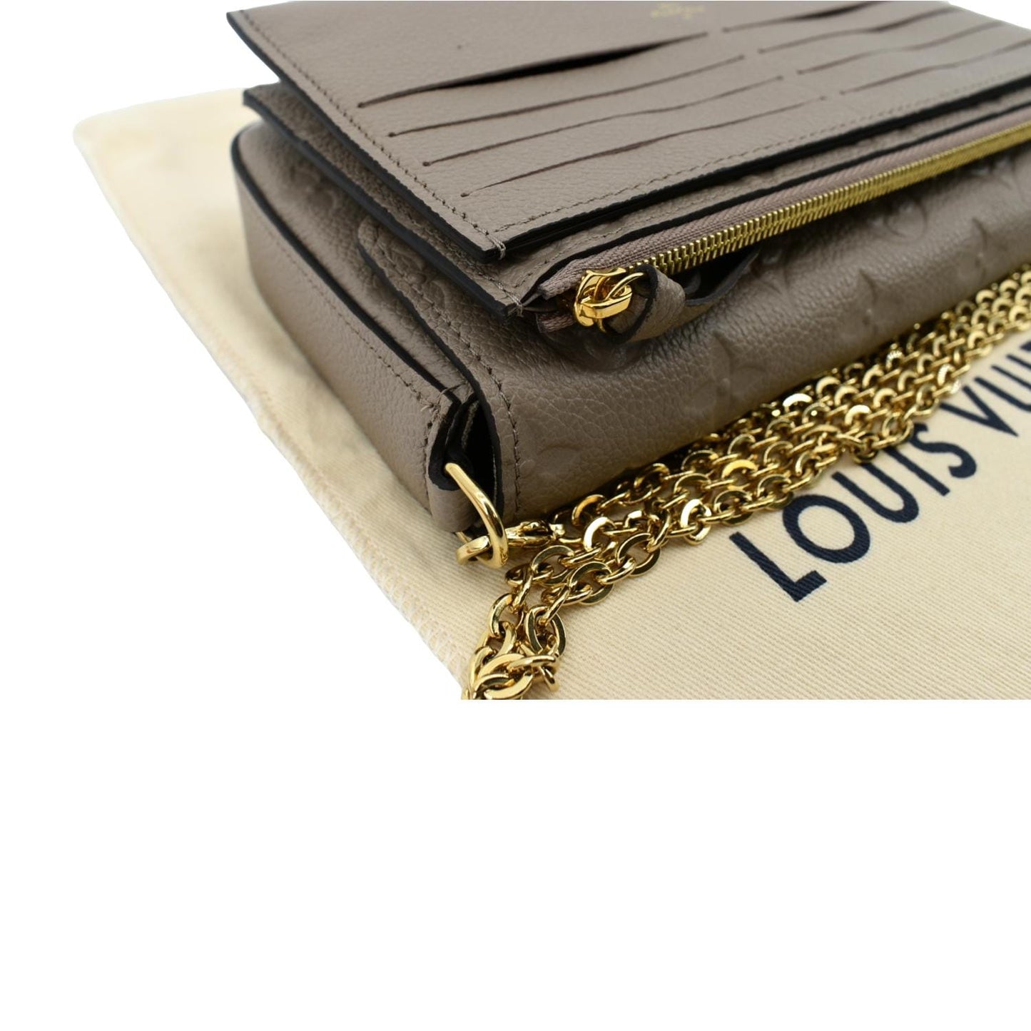 LOUIS VUITTON Pochette Felicie Monogram Empreinte Leather Chain Wallet Tourterelle