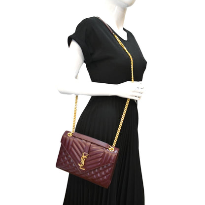 YVES SAINT LAURENT Medium Envelope Leather Chain Shoulder Bag Maroon