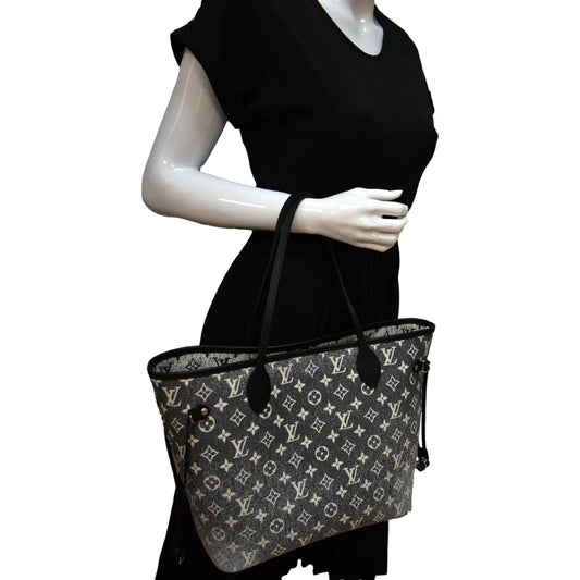 LOUIS VUITTON Neverfull MM Denim Leather Tote Bag Gray