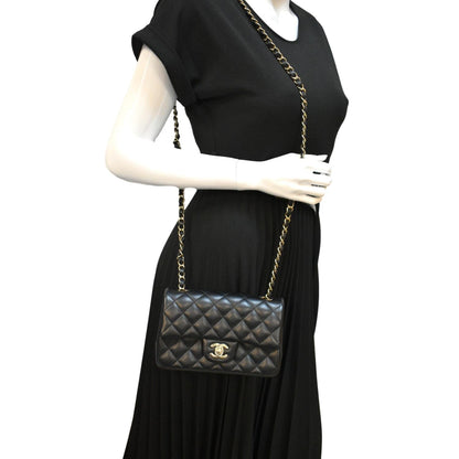 CHANEL Mini Rectangular Flap Quilted Lambskin Leather Shoulder Bag Black
