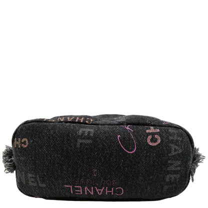CHANEL Denim Mood Logo Printed Quilted Fringe Denim Chain Bucket Bag Black