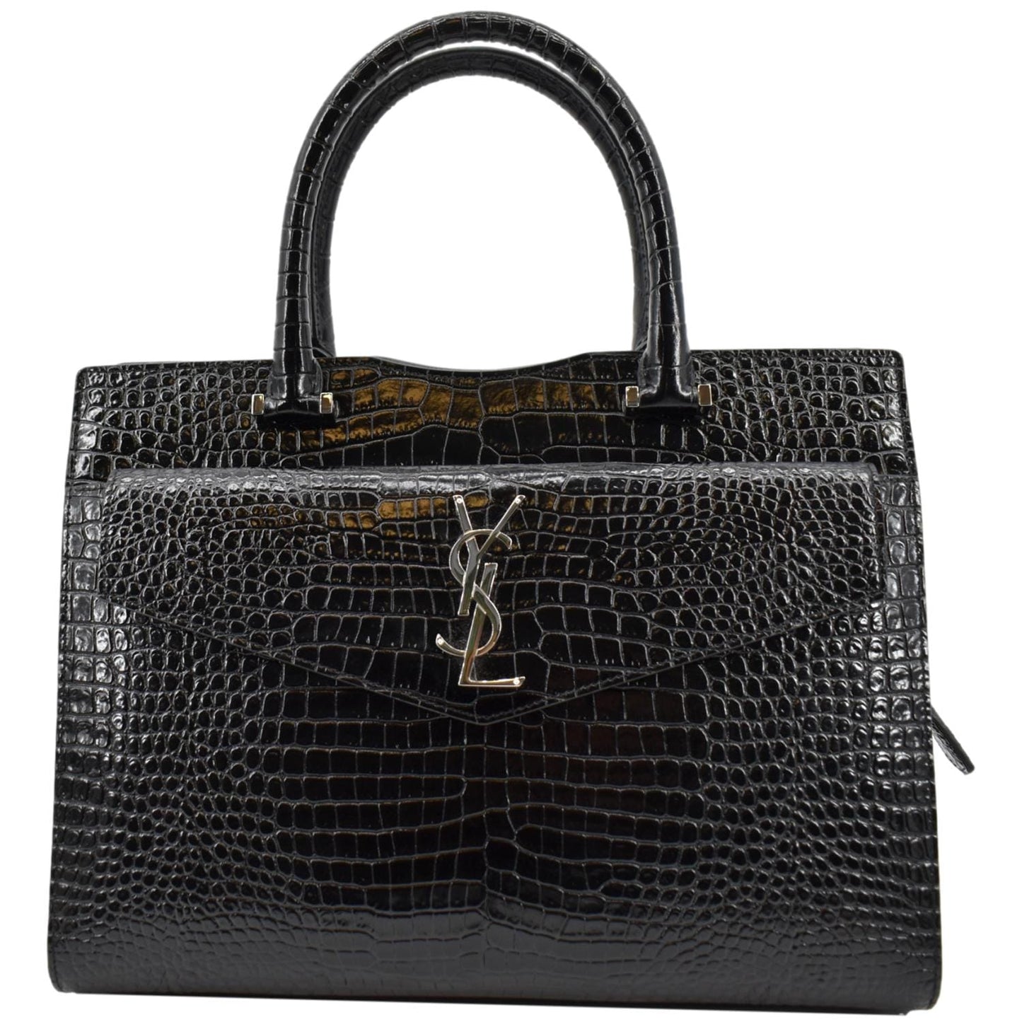 YVES SAINT LAURENT Uptown Crocodile Calfskin Embossed Tote Bag Black