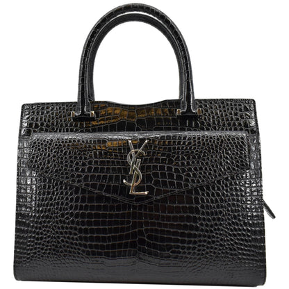 YVES SAINT LAURENT Uptown Crocodile Calfskin Embossed Tote Bag Black