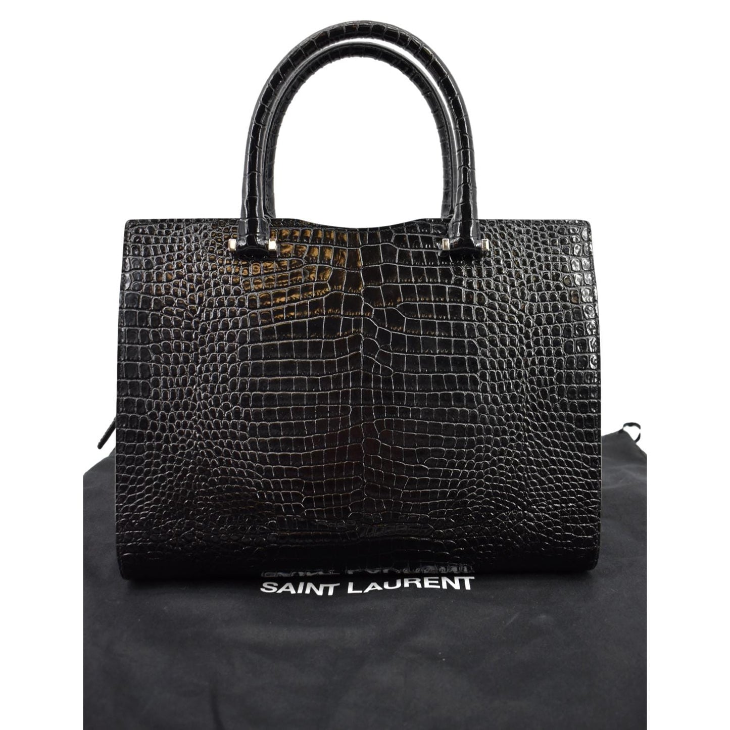 YVES SAINT LAURENT Uptown Crocodile Calfskin Embossed Tote Bag Black