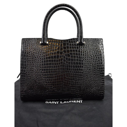 YVES SAINT LAURENT Uptown Crocodile Calfskin Embossed Tote Bag Black