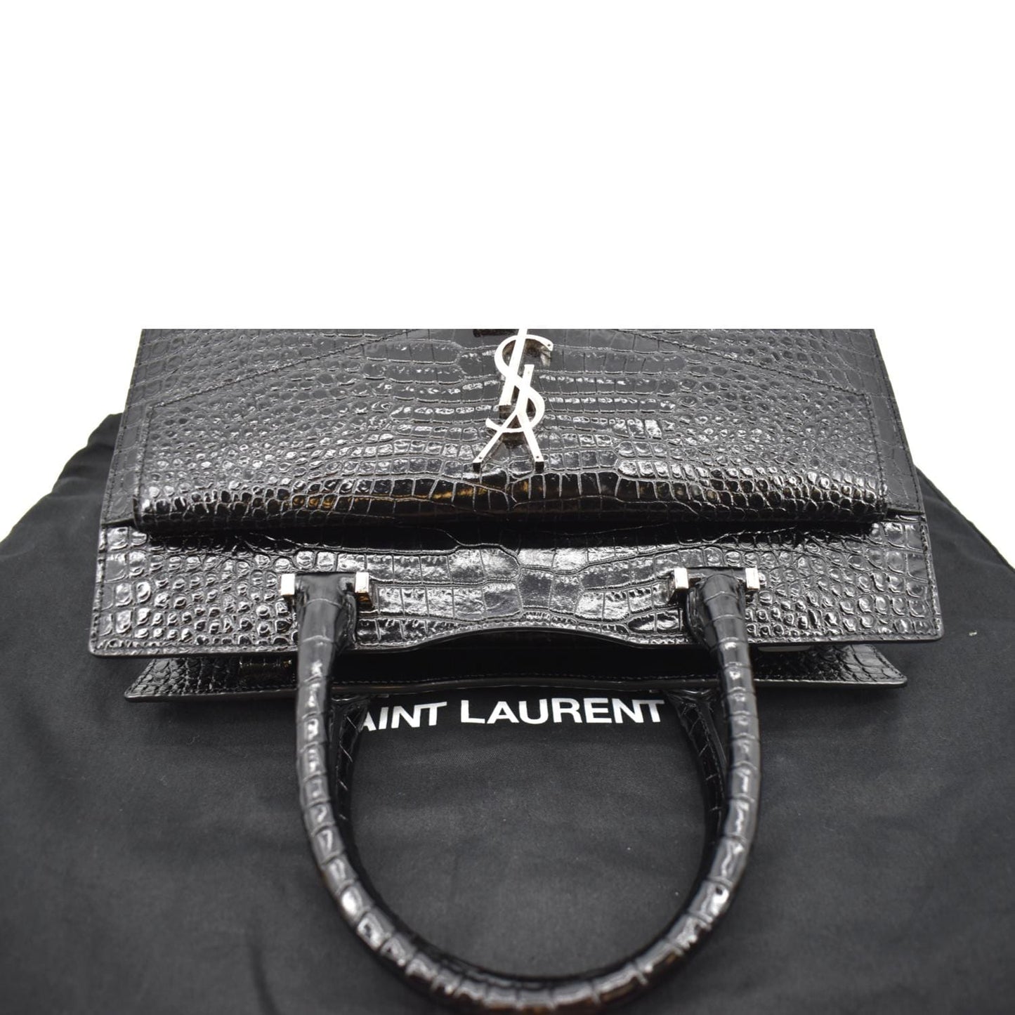 YVES SAINT LAURENT Uptown Crocodile Calfskin Embossed Tote Bag Black