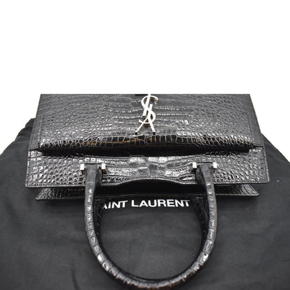 YVES SAINT LAURENT Uptown Crocodile Calfskin Embossed Tote Bag Black