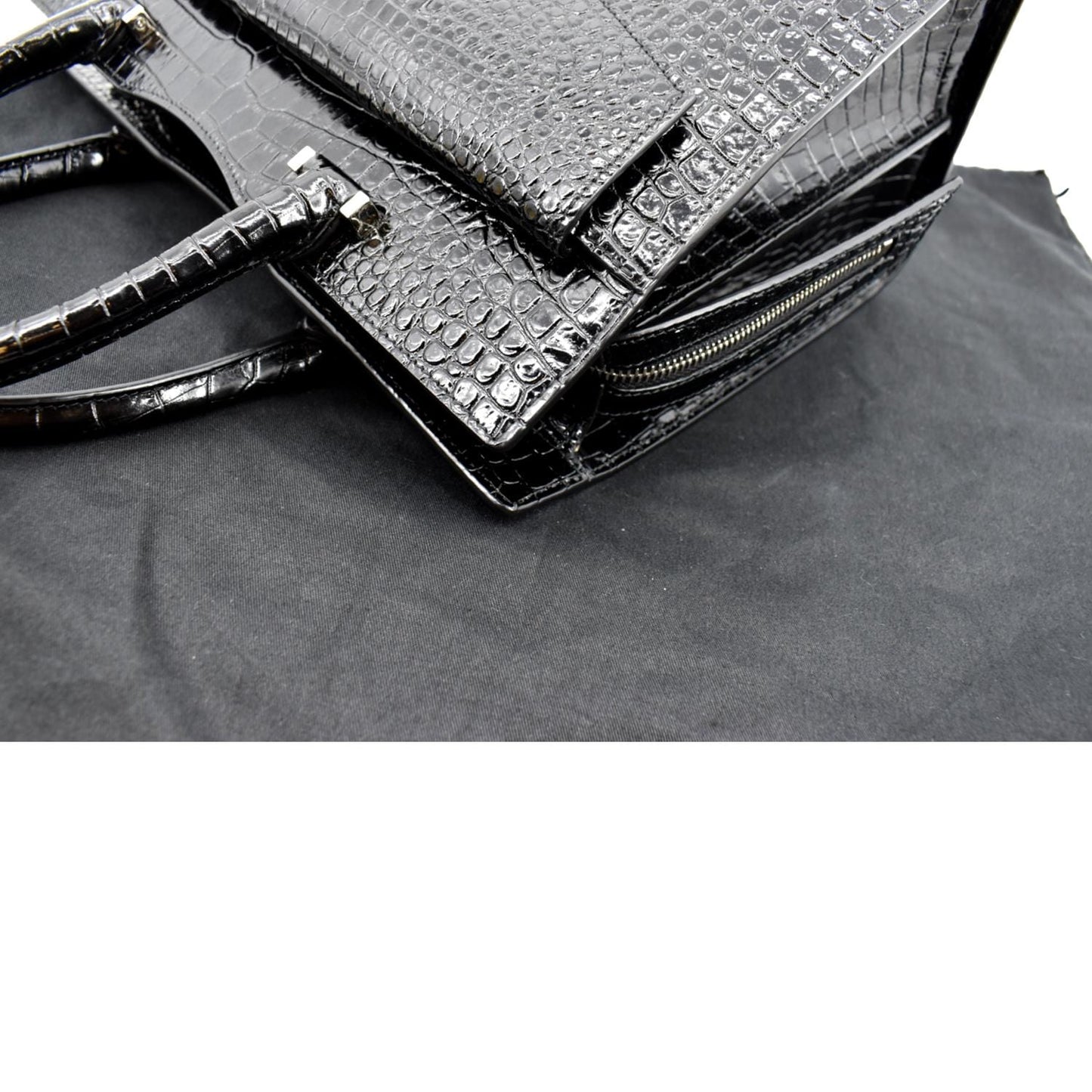 YVES SAINT LAURENT Uptown Crocodile Calfskin Embossed Tote Bag Black