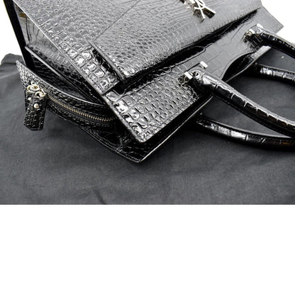 YVES SAINT LAURENT Uptown Crocodile Calfskin Embossed Tote Bag Black
