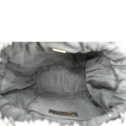 CHANEL Denim Mood Logo Printed Quilted Fringe Denim Chain Bucket Bag Black