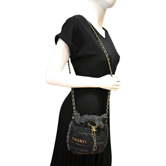 CHANEL Denim Mood Logo Printed Quilted Fringe Denim Chain Bucket Bag Black