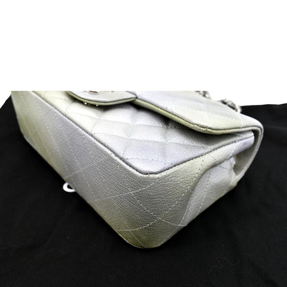CHANEL Mini Rectangular Flap Quilted Chevre Leather Crossbody Bag Metallic Gray/Green