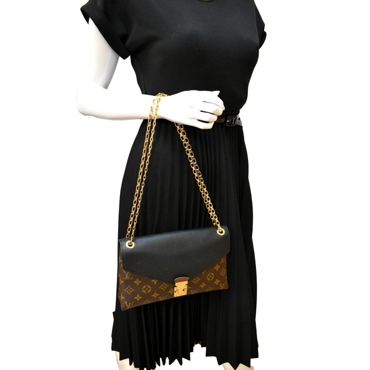 LOUIS VUITTON Pallas Chain Monogram Canvas Crossbody Bag Brown