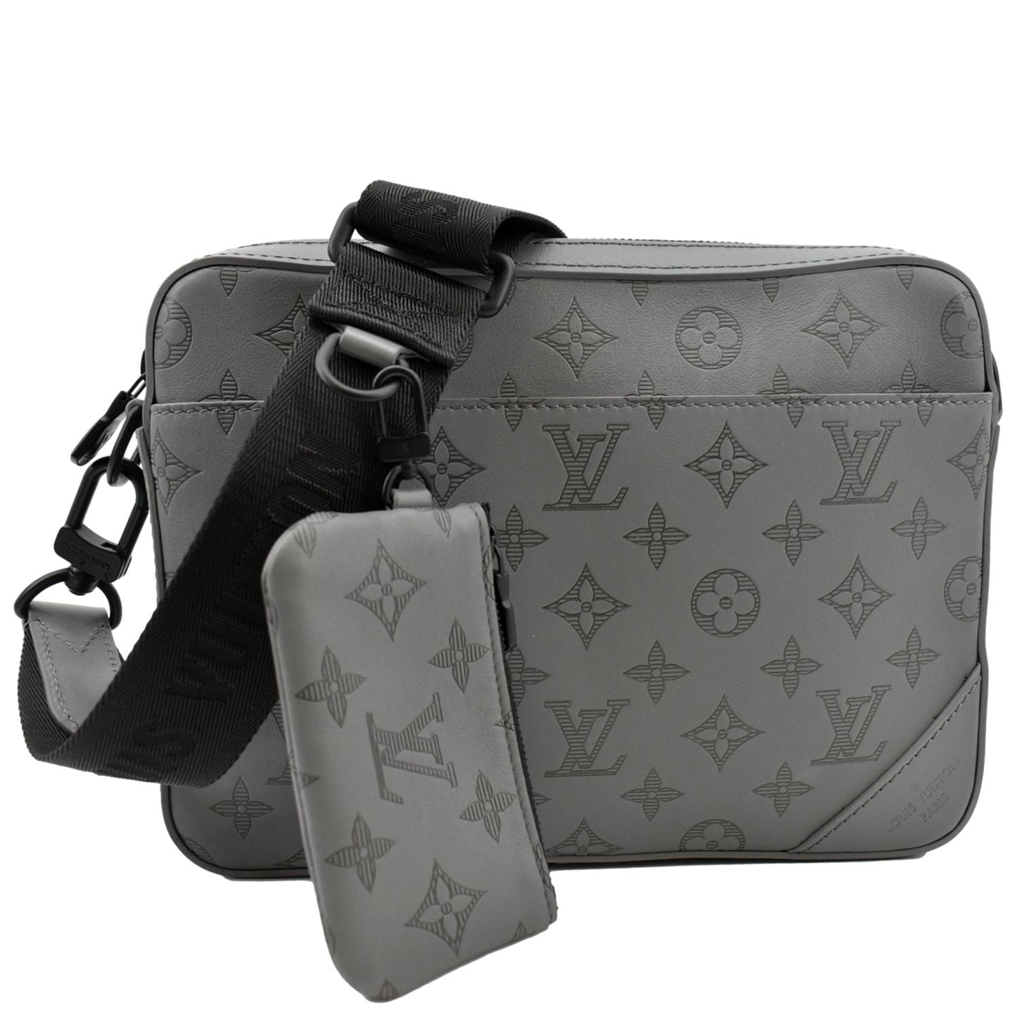 LOUIS VUITTON Duo Messenger Monogram Shadow Leather Shoulder Bag Grey