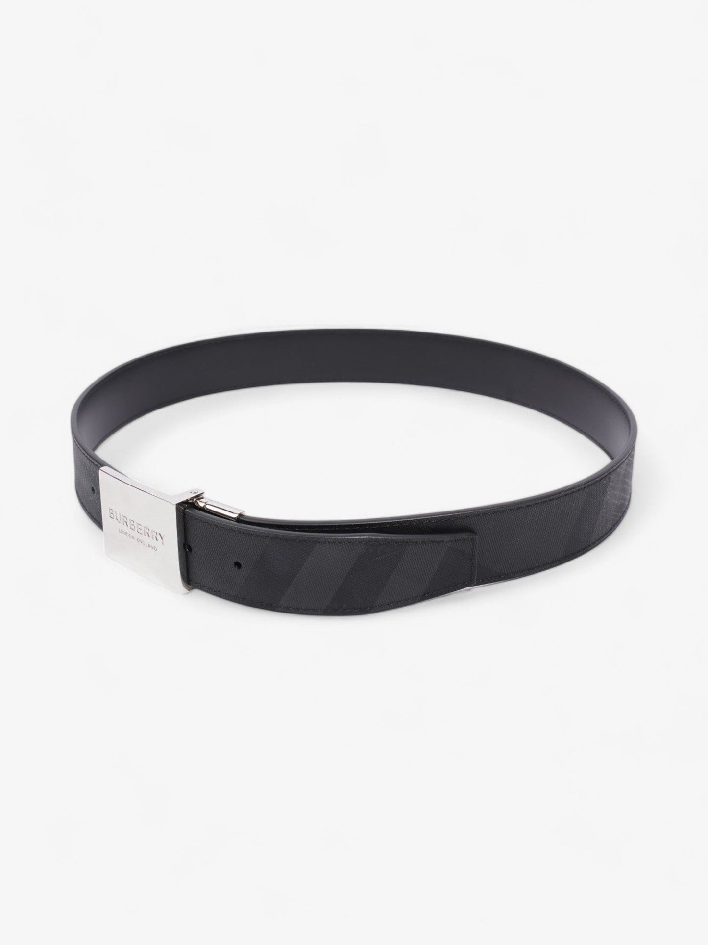 Burberry Reversible Plaque Belt Black / Silver Coated Canvas 85cm / 34"