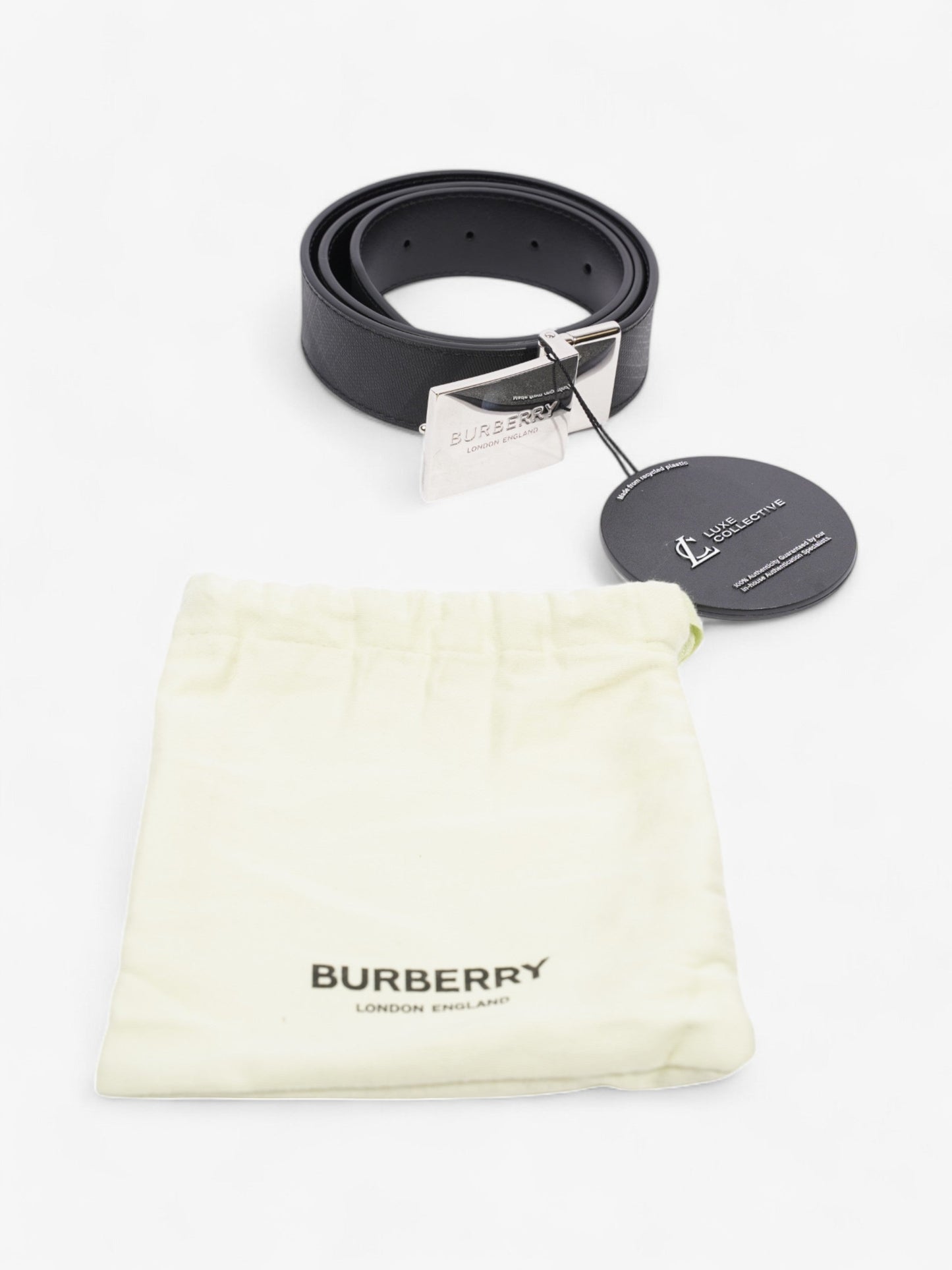 Burberry Reversible Plaque Belt Black / Silver Coated Canvas 85cm / 34"