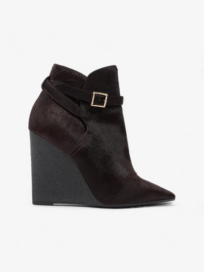 Burberry Buckle Detail Ankle Wedge Boot 110mm Chocolate Brown Calf Hair EU 38 UK 5