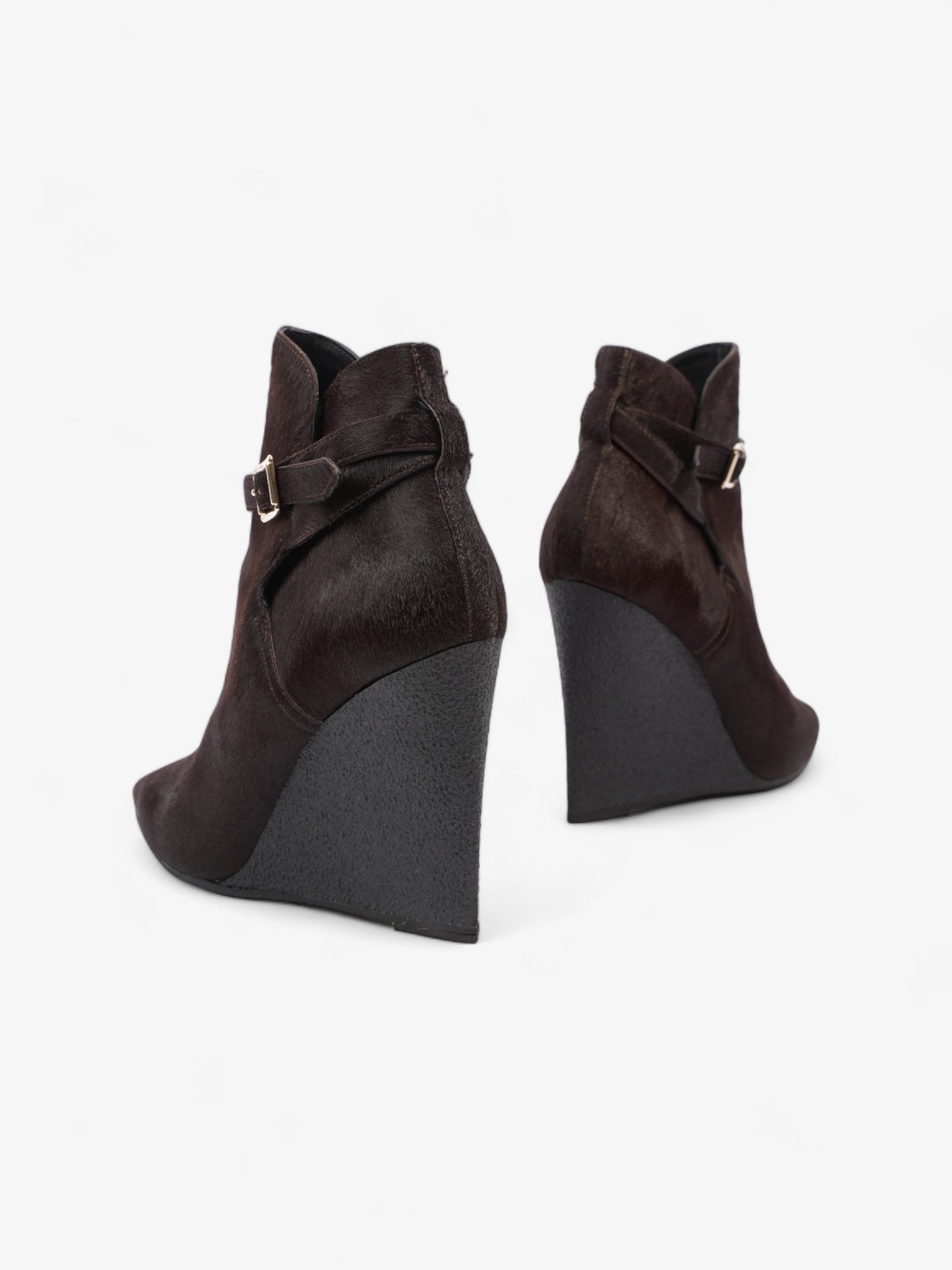 Burberry Buckle Detail Ankle Wedge Boot 110mm Chocolate Brown Calf Hair EU 38 UK 5