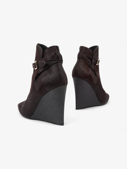 Burberry Buckle Detail Ankle Wedge Boot 110mm Chocolate Brown Calf Hair EU 38 UK 5
