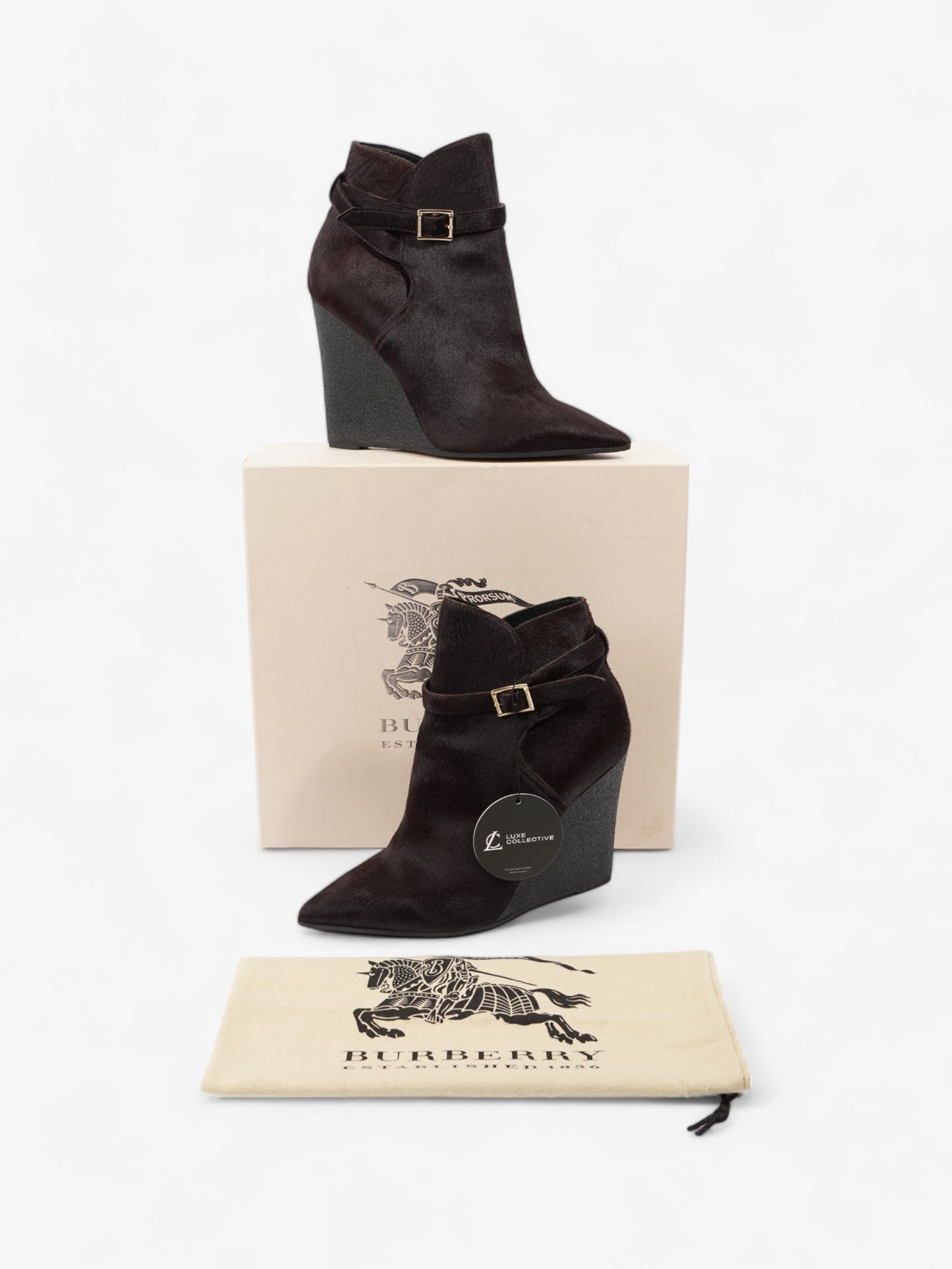 Burberry Buckle Detail Ankle Wedge Boot 110mm Chocolate Brown Calf Hair EU 38 UK 5
