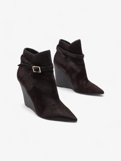 Burberry Buckle Detail Ankle Wedge Boot 110mm Chocolate Brown Calf Hair EU 38 UK 5