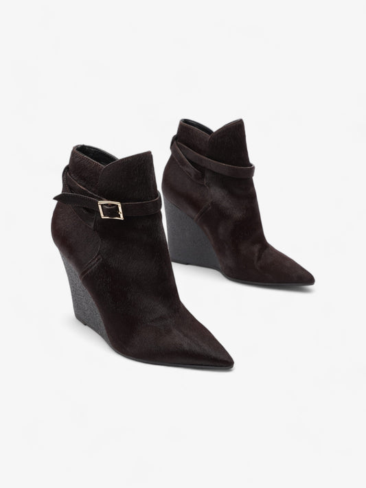 Burberry Buckle Detail Ankle Wedge Boot 110mm Chocolate Brown Calf Hair EU 38 UK 5