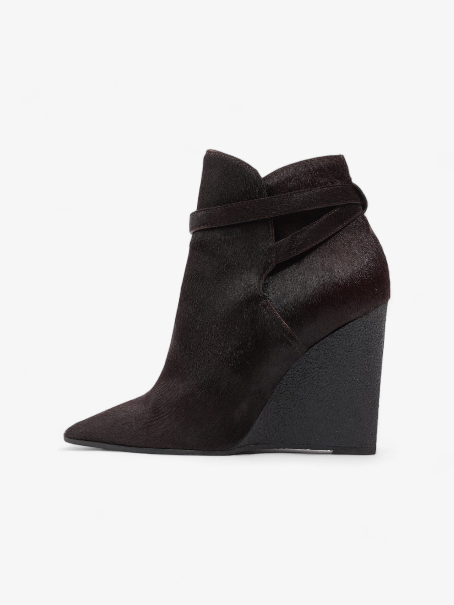 Burberry Buckle Detail Ankle Wedge Boot 110mm Chocolate Brown Calf Hair EU 38 UK 5