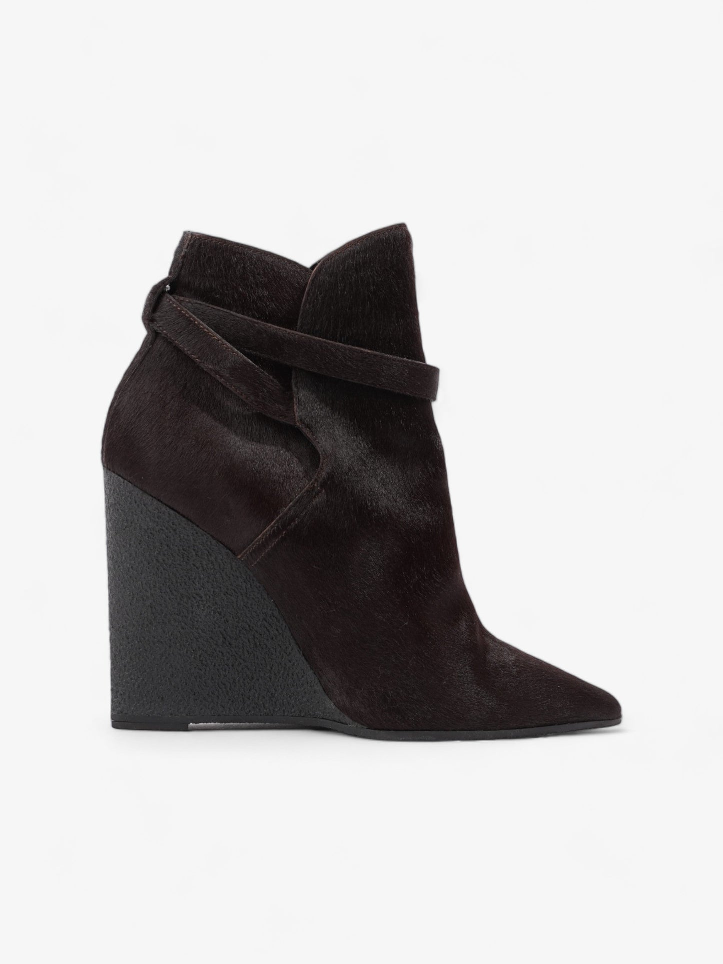 Burberry Buckle Detail Ankle Wedge Boot 110mm Chocolate Brown Calf Hair EU 38 UK 5