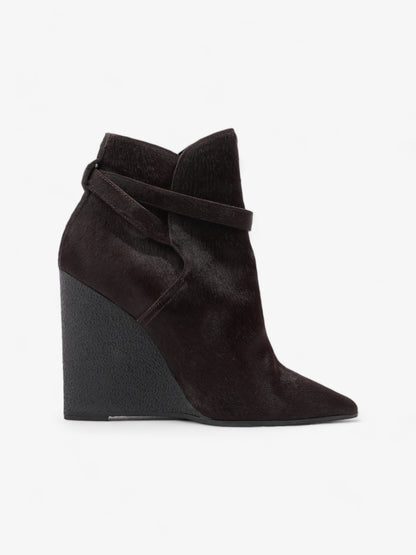 Burberry Buckle Detail Ankle Wedge Boot 110mm Chocolate Brown Calf Hair EU 38 UK 5