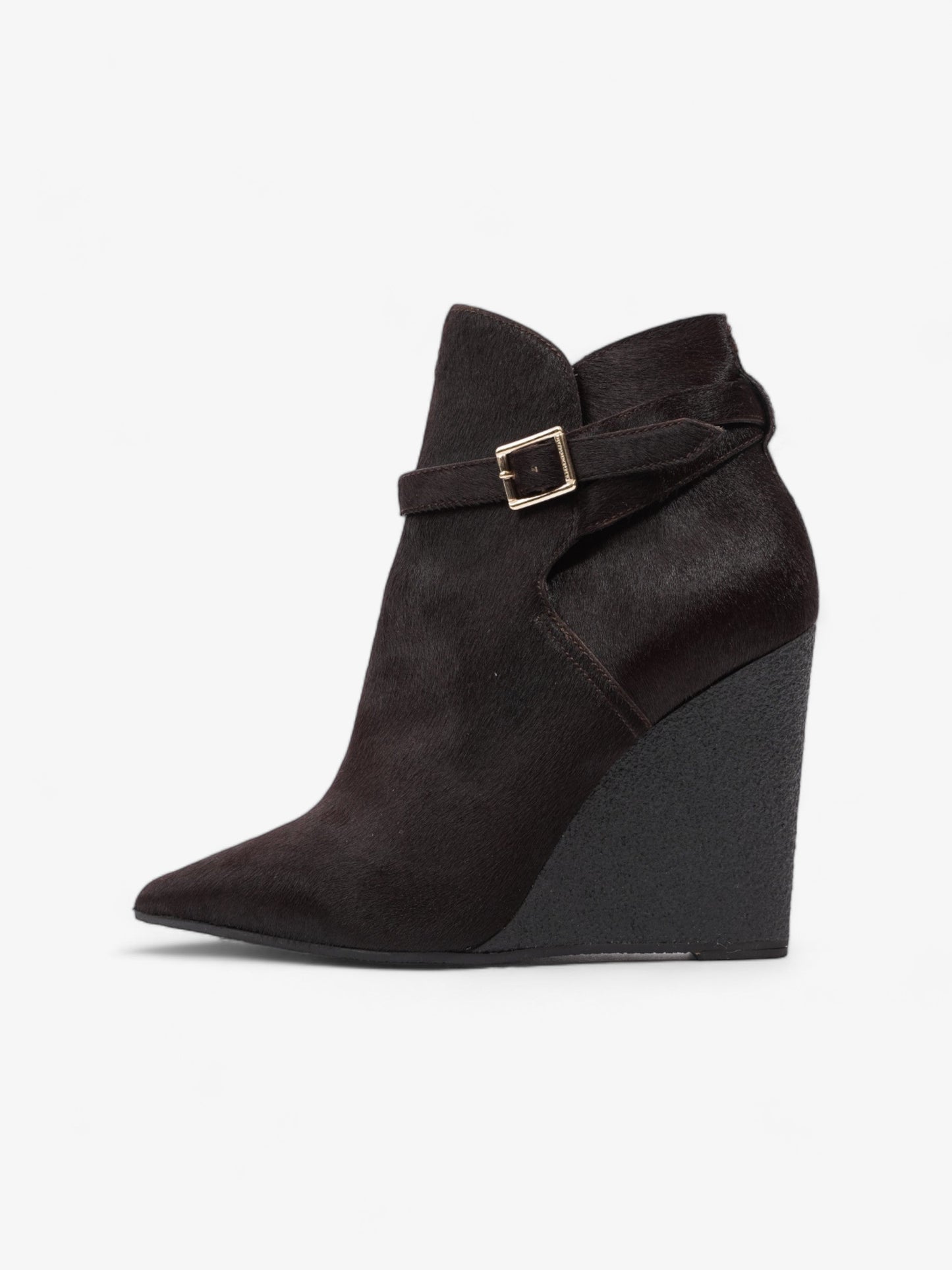 Burberry Buckle Detail Ankle Wedge Boot 110mm Chocolate Brown Calf Hair EU 38 UK 5