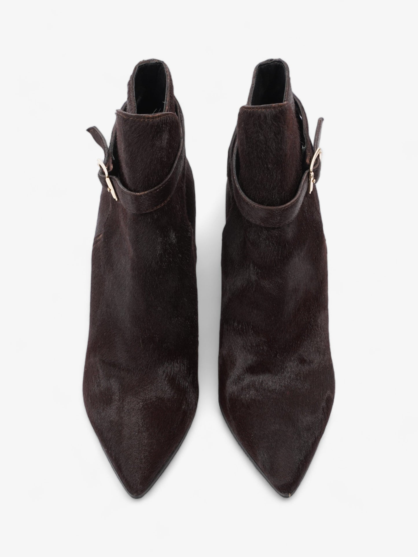 Burberry Buckle Detail Ankle Wedge Boot 110mm Chocolate Brown Calf Hair EU 38 UK 5