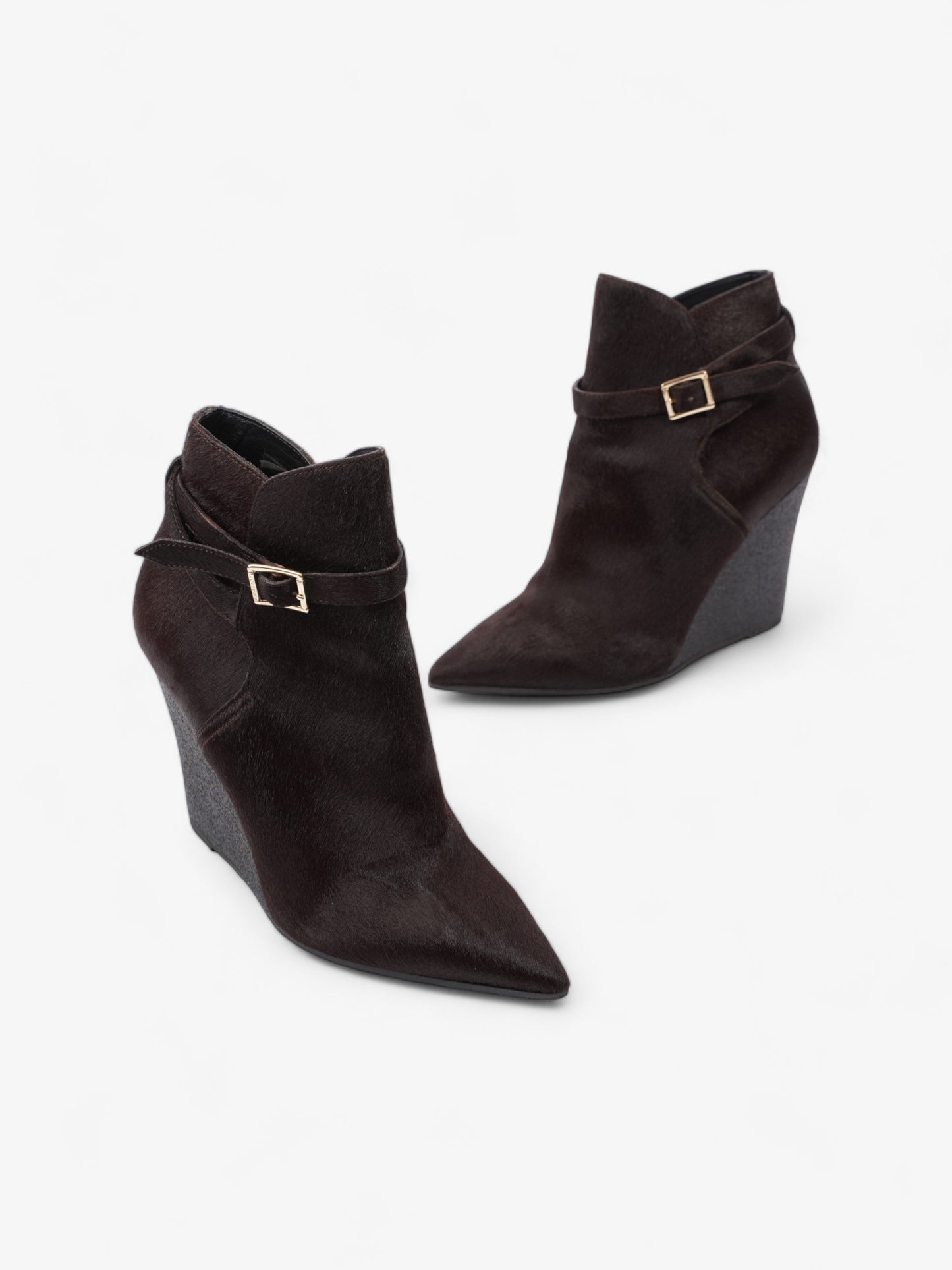 Burberry Buckle Detail Ankle Wedge Boot 110mm Chocolate Brown Calf Hair EU 38 UK 5