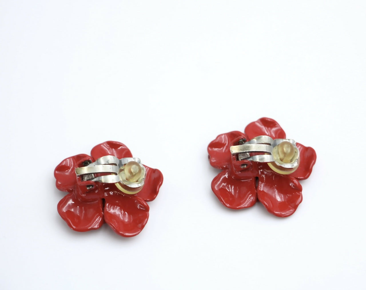 Chanel Vintage 04P Resin Red Layered Flower Clip-on Earrings