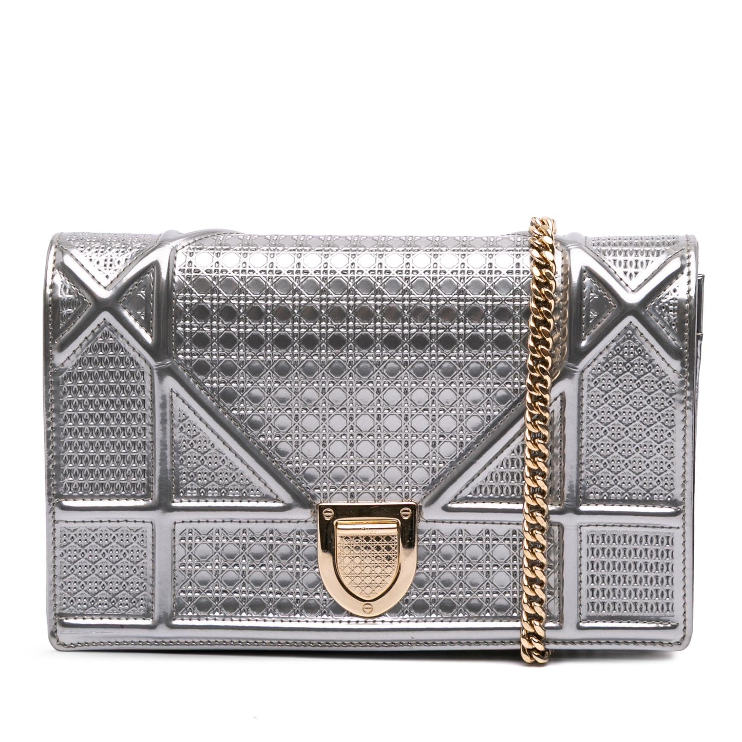 Dior Metallic Patent Microcannage Diorama Wallet on Chain
