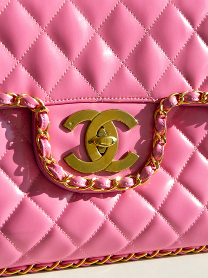 Chanel Vintage S/S1995 Barbie Pink 24K Gold Chain Around Patent Lambskin Jumbo XL 95P Bag
