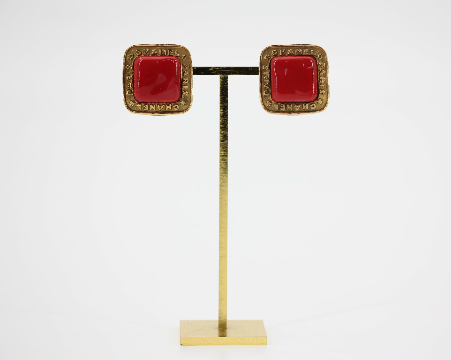 Chanel Vintage 1886-92 Gold-plated Large Red Square Clip-on Earrings