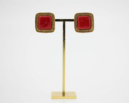 Chanel Vintage 1886-92 Gold-plated Large Red Square Clip-on Earrings