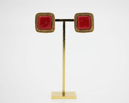 Chanel Vintage 1886-92 Gold-plated Large Red Square Clip-on Earrings