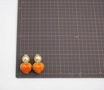 Chanel Vintage 1991 Gripoix Orange Heart Imitation Pearl Clip-on Earrings