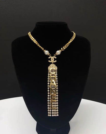 Chanel full diamond letter long pendant necklace