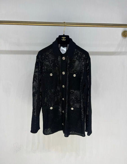 Chanel 24P black bow patchwork diamond CC button cardigan