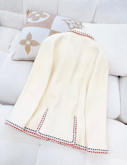 CHANEL 18B Hamburg Ivory Navy Red Tricolor Wool Braid Trim Jacket size 38
