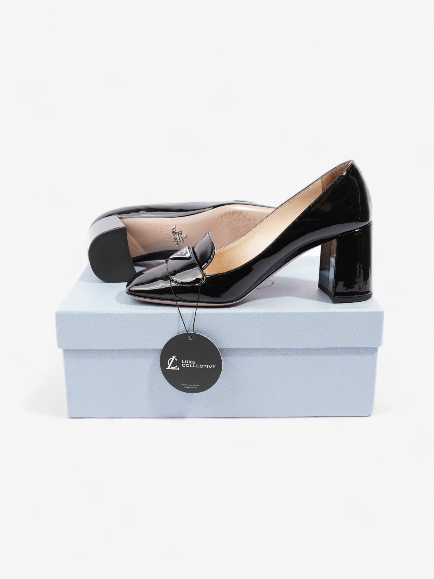 Prada Logo Block Heels 7.5cm Black Patent Leather EU 38 UK 5