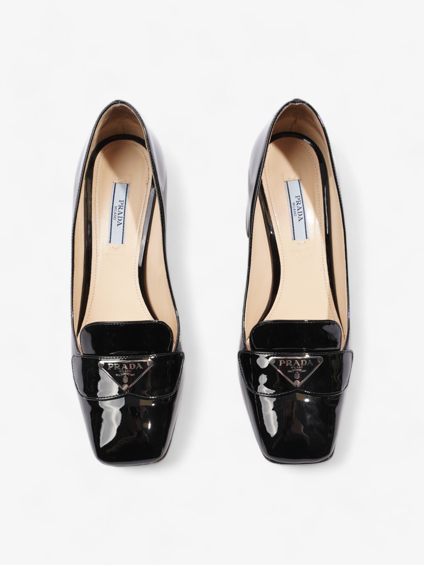 Prada Logo Block Heels 7.5cm Black Patent Leather EU 38 UK 5