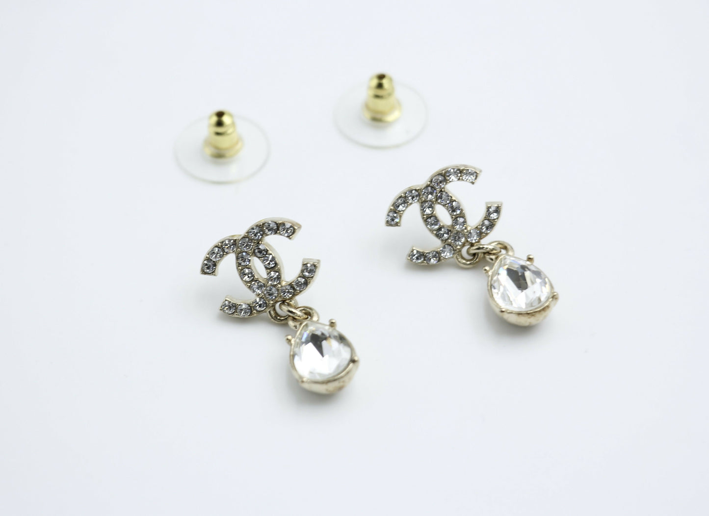 Chanel C19A Rhinestone CC Drop Dangle Stud Earrings