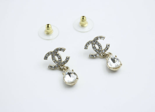 Chanel C19A Rhinestone CC Drop Dangle Stud Earrings